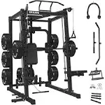 Mikolo Smith Machine Home Gym, Multi-functional Squat Rack with Cable Crossover System, Workout Station with Weight Bar, Dip Bars,Bend Peg and Other