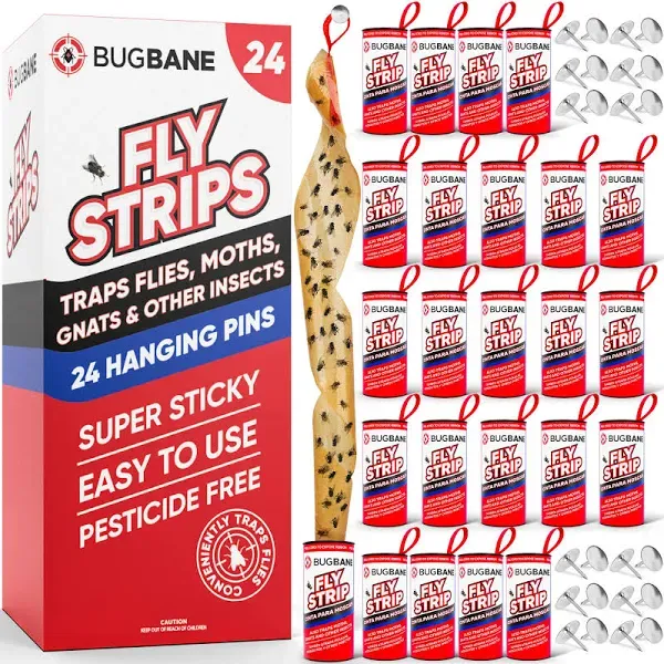 24 Fly Strips Indoor Sticky Hanging with Pins. Paper Tape for Indoors and Out...