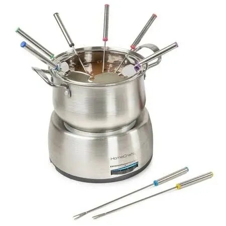 HomeCraft 2 Qt Electric Chocolate Fondue Set Stainless With Fondue Forks HCFP8SS