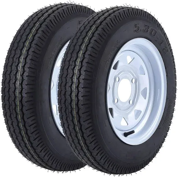 Set of 2 Trailer Tires &amp; Rims 5.30-12 530-12 4 Ply LRB 5 Lug White Spoke Wheel