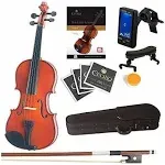 Mendini Full Size 4/4 MV200 Solid Wood Violin w/Tuner, Lesson Book, Shoulder Rest, Extra Strings, Bow, 2 Bridges & Case, Natural Varnish