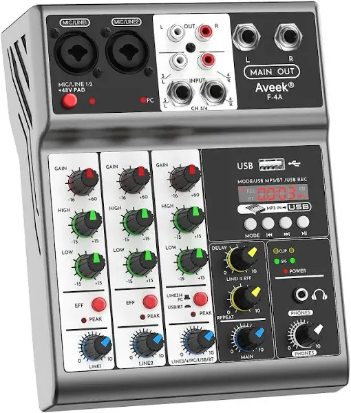 Aveek Professional Audio Mixer, Sound Board Mixing Console with 4 Channel Digital USB Bluetooth Echo Delay Effect, Input 48V Phantom Power Stereo DJ Mixers for Recording, Live Streaming, Podcasting