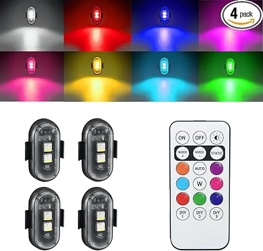 Wireless Led Strobe Lights with Remote, Anti-Collision Light USB Charging High Brightness Led Lights Warning Lights for Cars Drone Aircraft Motorcycle Bike Halloween Decoration(4 Pcs)