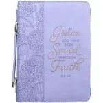 Christian Art Gifts Faux Leather Fashion Bible Cover for Women: by Grace You Have Been Saved - Ephesians 2:8 Inspirational Bible Verse, Hydrangea Lavender-Purple, Medium