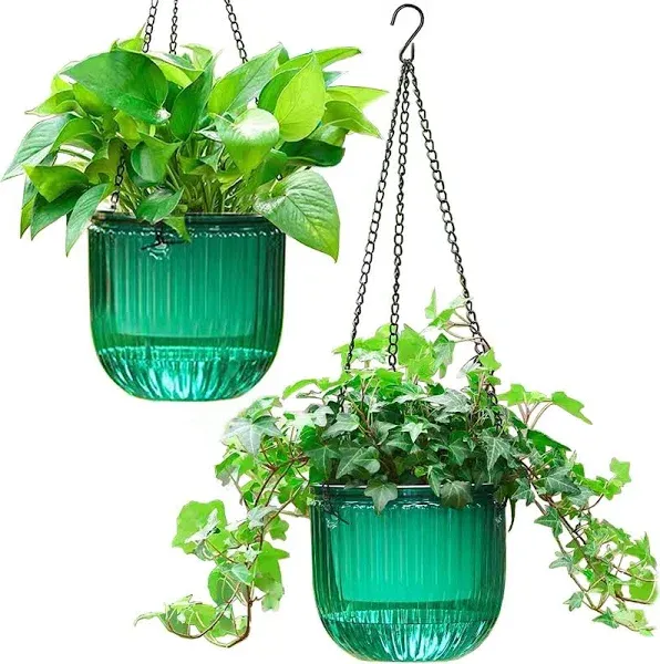 Melphoe 2 Pack Self Watering Hanging Planters Indoor Hanging Flower Pots, 6.5 Inch Outdoor Hanging Plant Pot Basket, Plant Hanger with Drainage Holes for Garden Home (Emerald + Transparent)