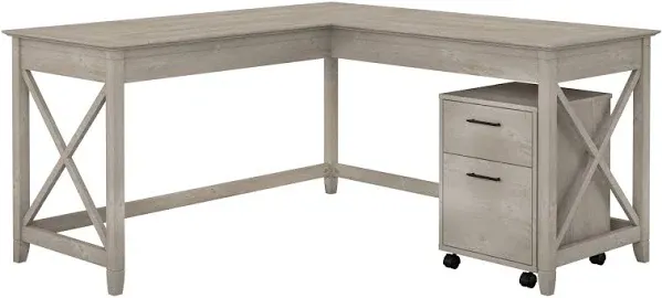 Bush Furniture 60W L Shaped Desk w/Mobile File Cabinet and 5 Shelf Bookcase Gray