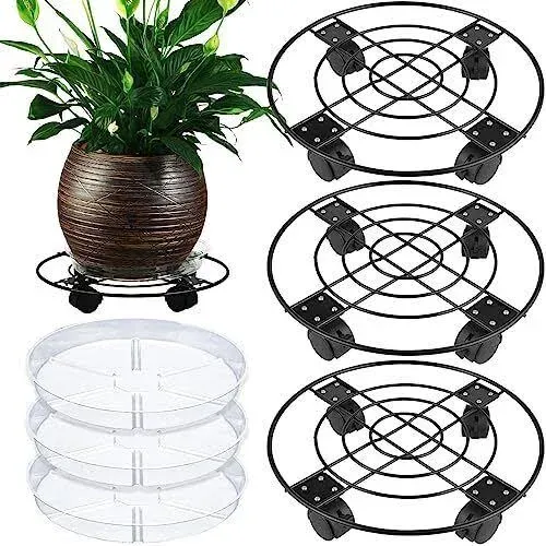 3 Packs Metal Plant Caddy with Wheels 13&#034; Rolling Plant Stand Heavy Duty Plan...