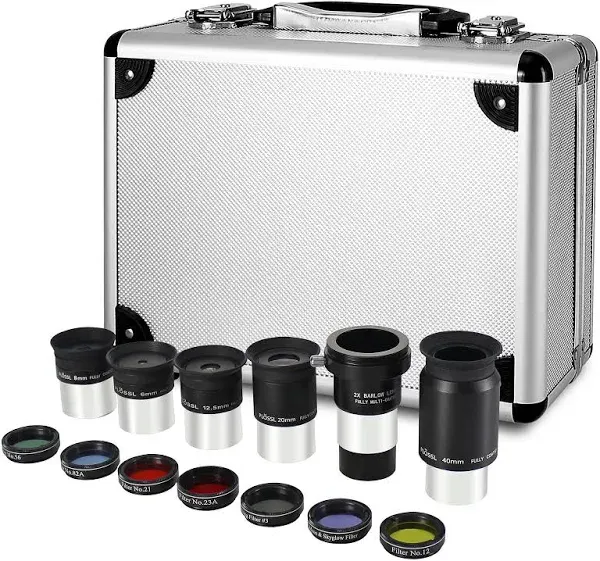 1.25" Eyepiece and Filter Set with a Carry Case-Telescope Accessory Kit (13 Piece) - 5pcs Plossl Eyepieces & 5pcs Color Filters & a 2X Barlow Lens & a Moon Filter & a Polarizing Filter