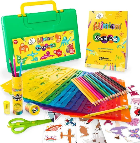 Mimtom Drawing Stencil Kit for Kids, 60 PC Art Set with 370+ Shapes, Sketch Pad, and Colored Pencils for DIY Arts and Crafts for Boys and Girls, Draw with Letter, Animal and Car Stencils, Green