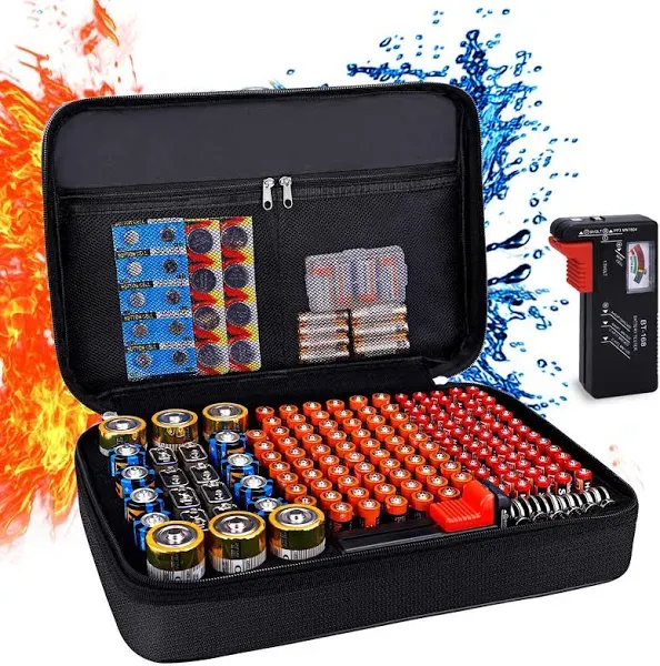 Fireproof Battery Organizer Storage Case With Tester Bt168 Waterproof &amp; Explosio