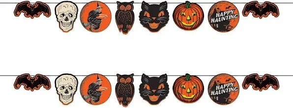 Beistle 2 Piece Retro Vintage Halloween Banners Spooky Decorations for Home and Office, 8" x 6', Black/Orange/Off-White/Green/Yellow