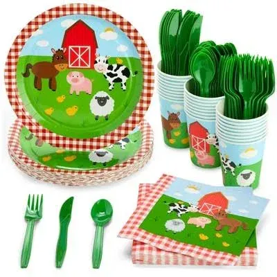 144 Pieces Barnyard Birthday Party Supplies, Paper Plates, Napkins, Cups, Cutlery (Serves 24 Guests)