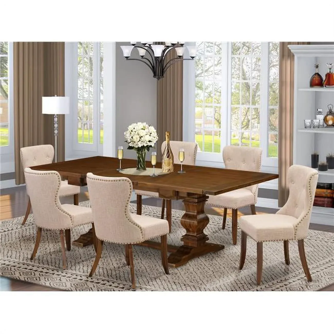 East West Furniture LASI7-88-04 7 Piece Dining Table Set Consist of a Rectangle Dinner Table with Butterfly Leaf and 6 Light Tan Linen Fabric Parson Chairs, 42x92 Inch, Walnut