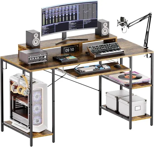 Computer Desk with Keyboard Tray, 55 Inch Music Studio Desk Music Production Desk with Storage Shelves Monitor Stands and 4 Iron Hooks, Desk Workstation Gaming Table for Home Office