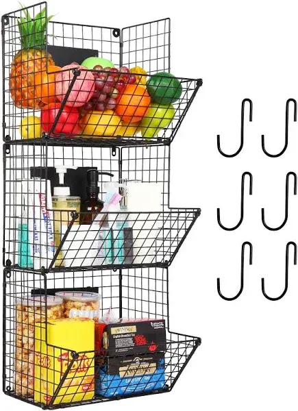 3 Tier Wall Mounted Metal Wire Fruit Storage Basket, Hanging Kitchen Fruit Produ