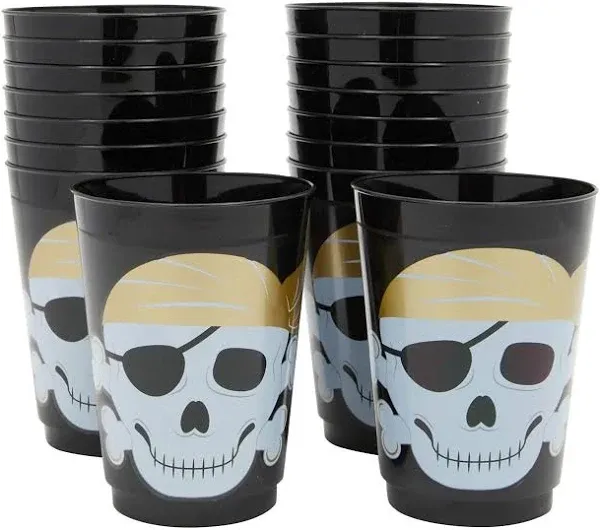 16 oz Plastic Tumbler Cups for Kids, Pirate Birthday Party Supplies (16 Pack)