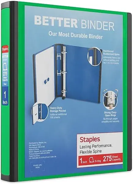 STAPLES 827602 Better 1-Inch D 3-Ring View Binder Green (19063)