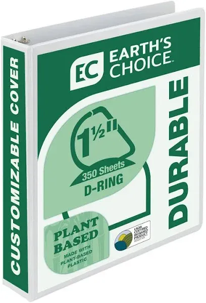 Samsill 16957 Earth's Choice Biobased + Biodegradable D-Ring View Binder 1 1/2-Inch Cap White