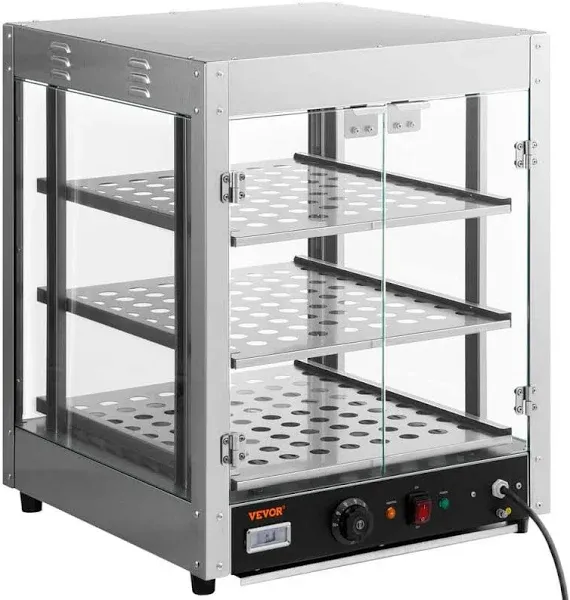 Commercial Food Warmer Countertop Pizza Cabinet with 3 Tiers, Convection Heating, Temperature Control, and Glass Display