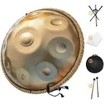 AS TEMAN HANDPAN Drum D minor 9 notes 22 inches, 432Hz, with gold finish, carrying bag, stand, cleaning cloth, drumstick.