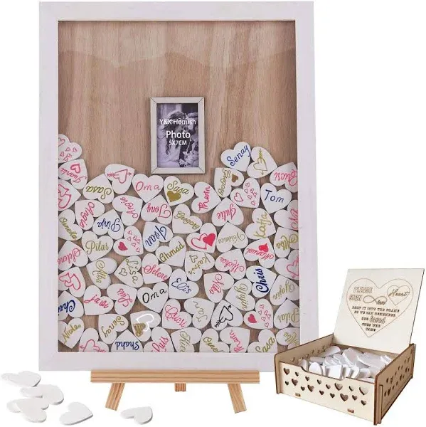 Wedding Guest Book, Y&K Homish Wooden Picture Frame, Drop Top Frame Sign Book with 100PCS Wooden Hearts, Rustic Wedding Decorations and The Wedding Gift (White wooden frame + Photo)