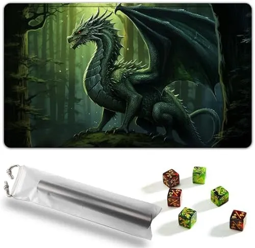 for MTG Playmat, Game Mat 24 x 14 inches for MTG DTCG CCG RPG Trading Card Inked Game Playmats Mousepad Desk Mats Smooth Rubber Surface Battle with 6 Dice - Green Dragon