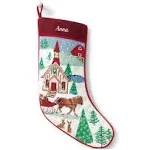 LANDS END Holiday Village Polyester Needlepoint Christmas Stocking KARLEE NEW