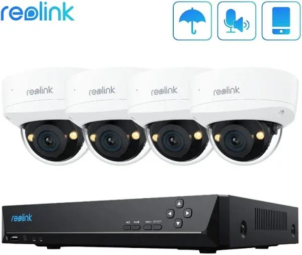 Reolink 12MP 8CH PoE Security Camera System with IK10 Vandalproof, 4pcs Dome PoE Cams Wired Outdoor, Spotlights Color Night Vision, Built-in 2TB HDD, Smart AI Detection, Two-Way Audio, RLK8-1200V4