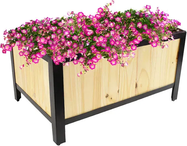 Sunnydaze Steel-Framed Acacia Wood Rectangular Planter Box - 15.5" H Wooden Raised Garden Bed with Removable Planter Bag - Natural