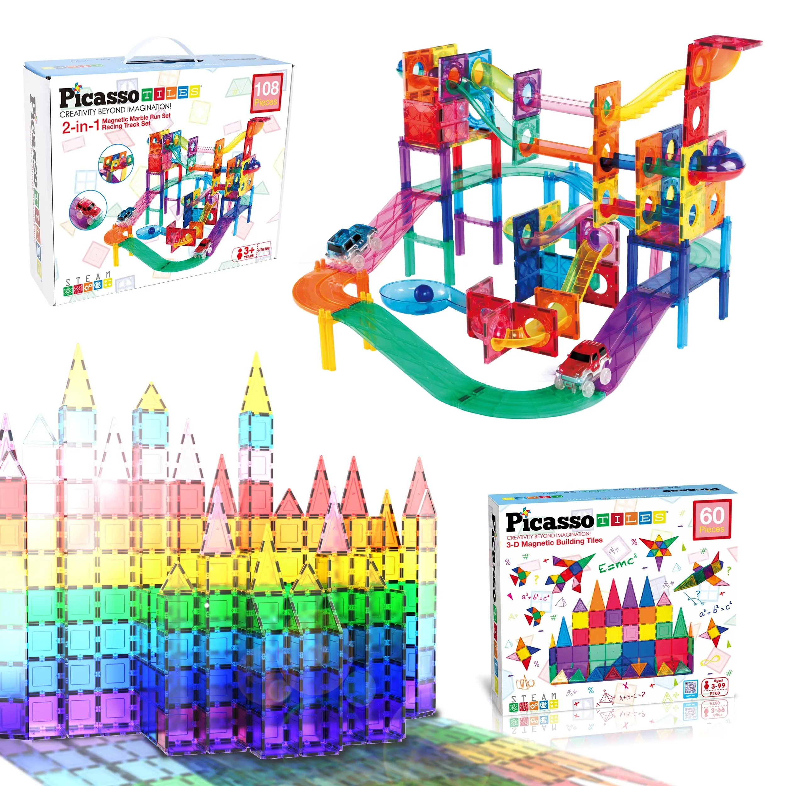 PicassoTiles 3-in-1 Magnetic Tile, Marble Run and Race Car Track Building Set