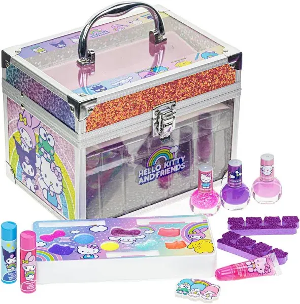 Hello Kitty & Friends - Townley Girl Train Case Makeup Set for Kids, Includes Lip Gloss, Eye Shimmer, Nail Polish, Brushes, and More! Perfect for Parties, Sleepovers, and Makeovers. Non-Toxic, Ages 3+