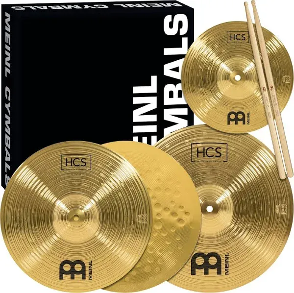 Meinl Cymbals HCS Cymbal Set Box Pack for Drums Hihats, Crash, Plus Free Splash, Sticks, Lessons — Made in Germany — Durable Brass, 2-Year Warranty, Traditional Finish, 13"/14"/10" (HCS1314