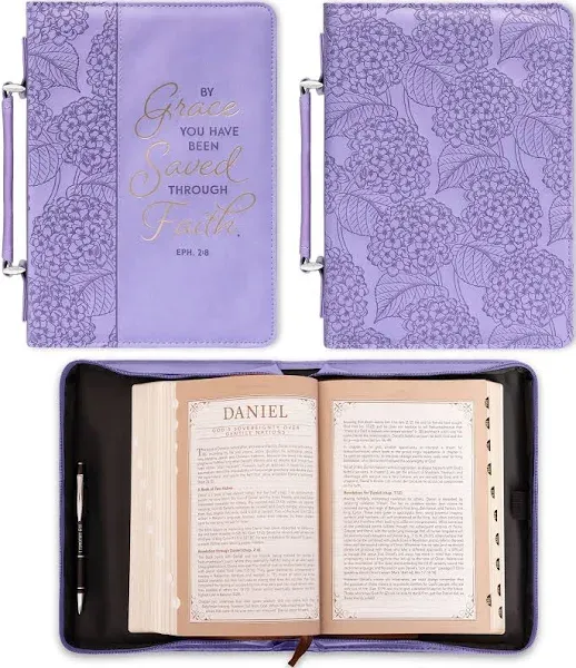 Christian Art Gifts Faux Leather Fashion Bible Cover for Women: by Grace You Have Been Saved - Ephesians 2:8 Inspirational Bible Verse, Hydrangea Lavender-Purple, Medium