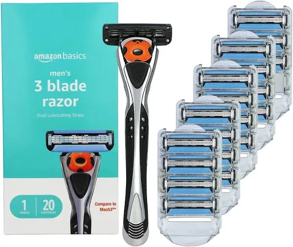 Amazon Basics 3-Blade Motion Sphere Razor for Men with Dual Lubrication, Handle & 20 Cartridges, Cartridges Fit Amazon Basics Razor Handles Only, 21