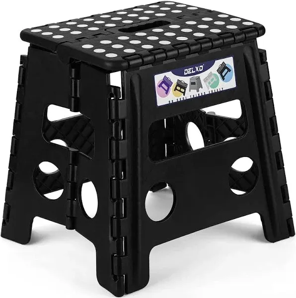 Delxo Folding Step Stool, 13 inch Non-Slip Foldable Stools for Kids & Adults Up to 300 LBS, Step Stool with Handle, Lightweight for Kitchen, Bathroom, Bedroom, Garden, Black, 1PC