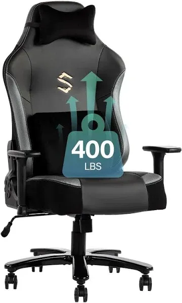 Big and Tall Gaming Chair 400lbs Gaming Chair with Massage Lumbar Pillow, Headrest, 3D Armrest, Metal Base, PU Leather (Black)