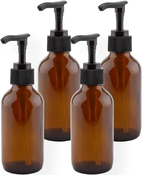 Cornucopia 4oz Amber Glass Pump Bottles (4-Pack); Great for Lotions, Liquid Soap, Aromatherapy and More