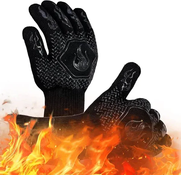 BBQ Grill Gloves Heat Resistant 1472℉ High Temp Resistance Fireproof Glove for Grilling Smoking Barbecue Washable Long Oven Extreme Hot Proof Mittens for Kitchen Baking (Black)