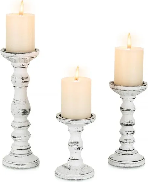 Traditional Timeless Mango Wood Pillar Candle Holders Set of 3, 6&#034;, 8&#034;, 1&#034; High