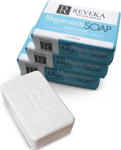 Reveka Skincare 4-Pack Magnesium Soap Bar, Triple Milled Bar Soap with Shea Butter, US-Crafted Peppermint Soap, 4-in-1 Natural Soap Bar for Face, Body, Hair & Shaving, 4 Bars (7 oz. Each)