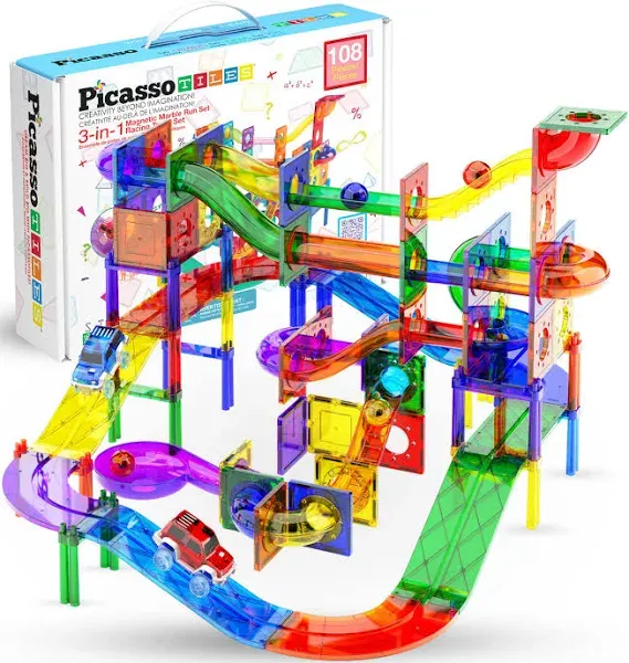 PicassoTiles 108PC Marble Run Magnetic Race Track + 60PC Magnet Tiles, STEAM Educational Playset for Creative, Fun and Learning Construction Play, Engineering Project Toy Gift Idea for Kids Ages 3+