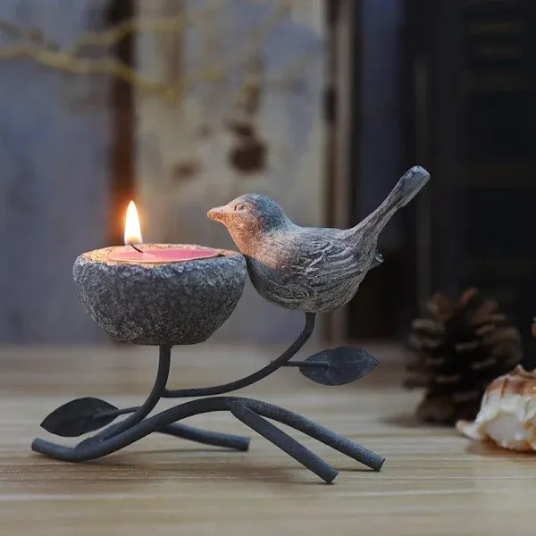 Marbrasse Votive Candle Holders, Vintage Home Decor Centerpiece, Iron Branches, Resin Bird and Nest, Tabletop Decorative TeaLight Candle Stands,Creative Artwork (Grey Black)