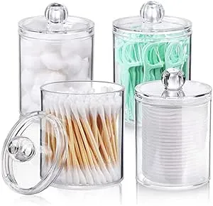 4 Pack Qtip Holder Dispenser for Cotton Ball Cotton Swab Cotton Round Pads Floss - Clear Plastic Apothecary Jar Set for Bathroom Canister Storage Vanity Makeup Organizer