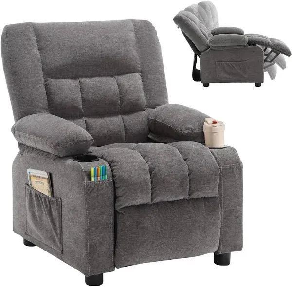 Kids Recliner Chair， Push Back Toddler Recliner with Cup Holders & Side Pockets， Adjustable Footrest & Headrest Kids Sofa for Boys Girls 3+ Age Group (Deep Grey)