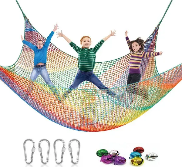 Kids Playground Climbing Cargo Net - 9.8 x 9.8Ft Kids Playground Safety Net,Polyester Double Layers Rope Bridge Net for Tree House and Outdoor Adventure（Rainbow）