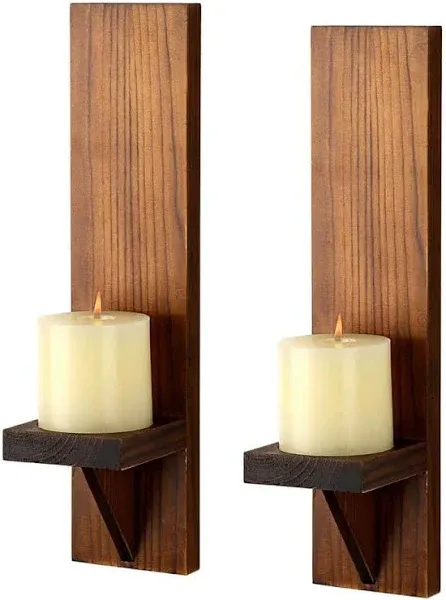 Rustic Wood Candle Sconces Wall Decor - Set of 2 Walasis Farmhouse Wall Candle Holder Decorative Carved Brown Candle Sconce Art Distressed Pillar Candles Holder for Fireplace Decor