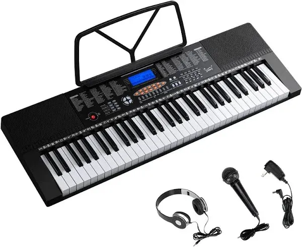 GLARRY 61-Key Portable Electronic Piano Keyboard w/LCD Screen, Microphone, Headphones, Sheet Stand, Power Supply, 3 Teaching Modes, Built-In Speakers, Dual Keyboard