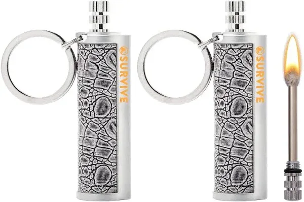 SURVIVE Permanent Match Metal, 2 Pack, Reusable Survival Fire Starter Lighter, Emergency Waterproof Keychain Striker Stick Kit