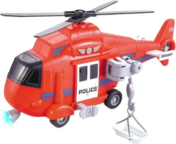 Vokodo Fire Rescue Helicopter 11" With Lights Sounds Push And Go Includes Cargo Basket Durable Kids Firefighter Friction Chopper Toy Pretend Play Airplane Truck Great Gift Children Boys Girls Toddlers