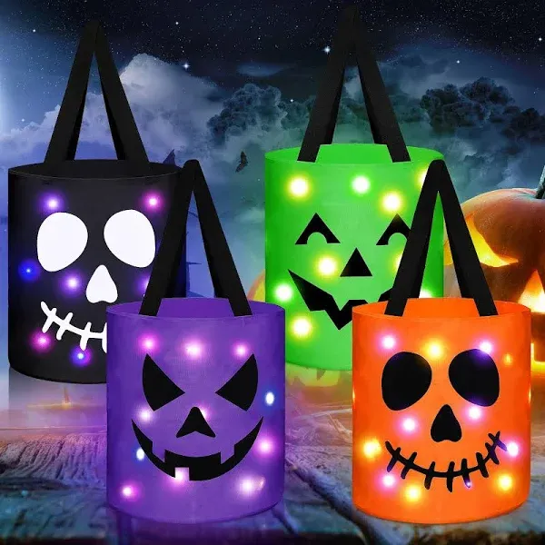 Yaomiao 4 Pcs LED Light Halloween Trick or Treat Bags Halloween Candy Bags Light Up Goodie Bags Light Up Candy Bags Multipurpose Reusable Goody Bucket for Kids Halloween Party Supplies (Blue)